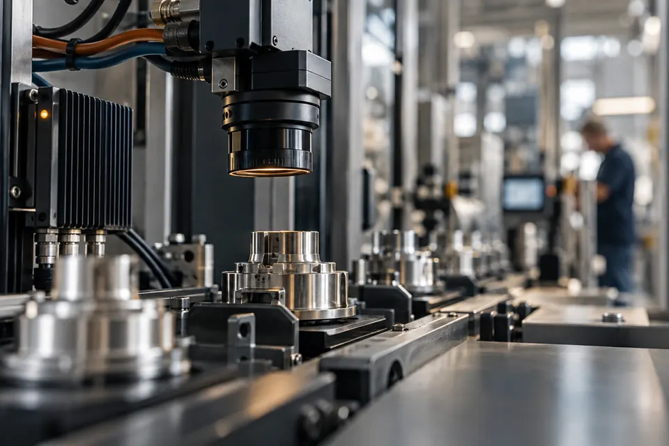 AI-generated editorial image of industrial IoT sensors collecting production data on a precision manufacturing line.