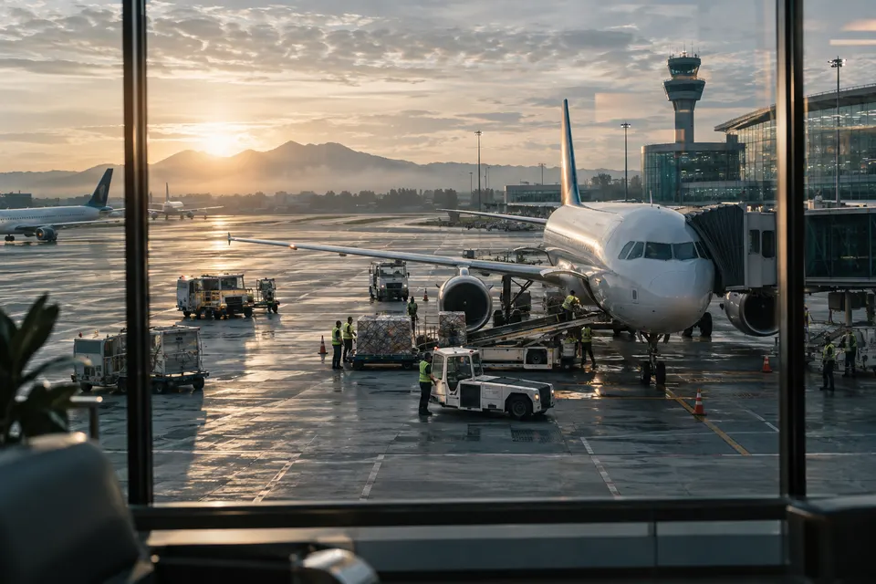 AI 生成のイメージ：空港エプロンで連携する航空機と地上車両。